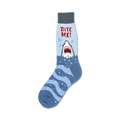 Crew socks in blue and gray featuring a graphic of a great white shark emerging from the water with the words 'Bite Me!'