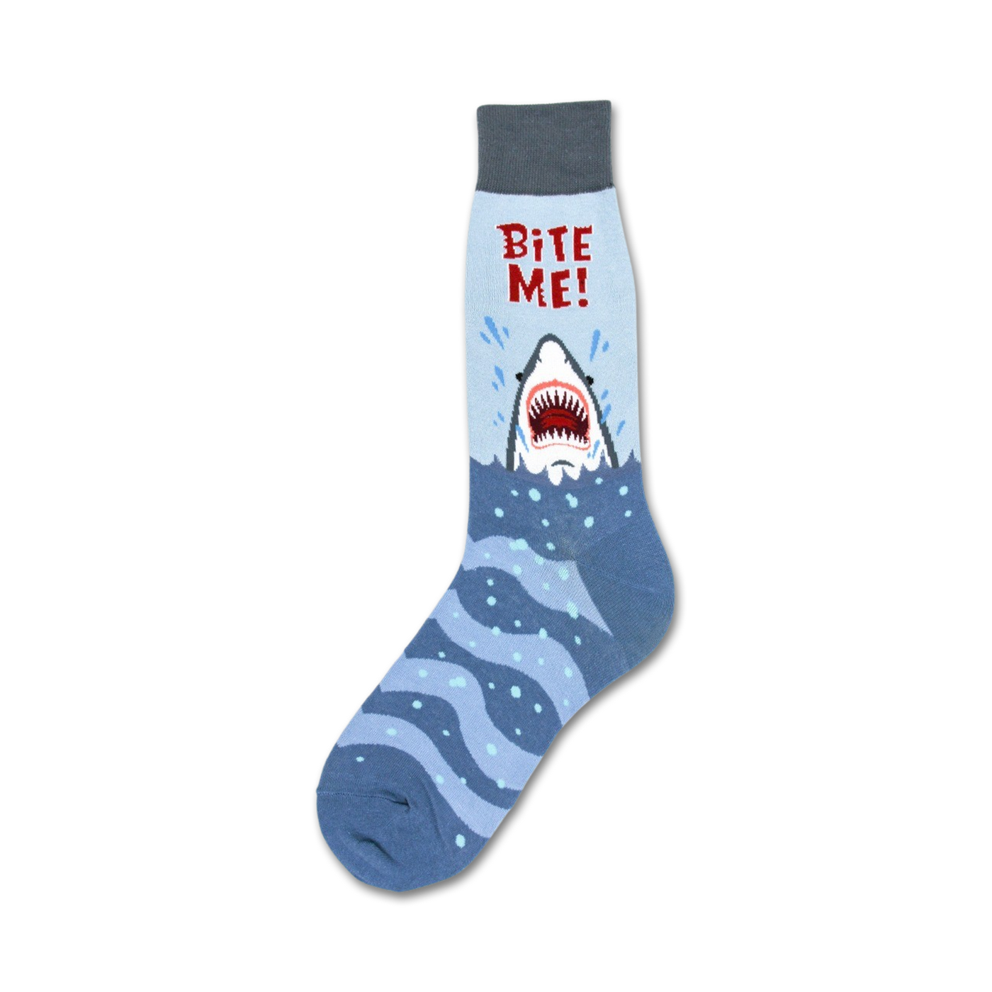 Crew socks in blue and gray featuring a graphic of a great white shark emerging from the water with the words 'Bite Me!'