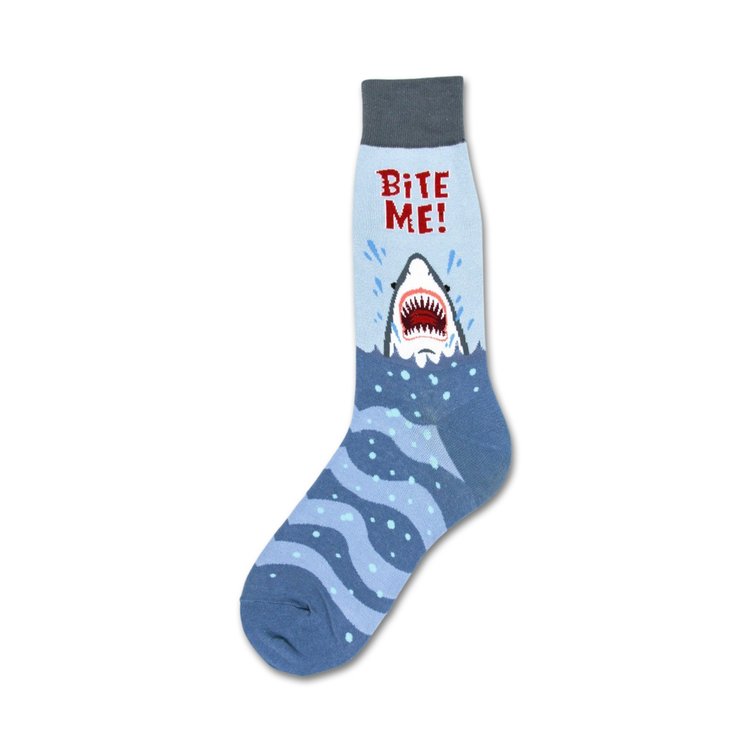 Crew socks in blue and gray featuring a graphic of a great white shark emerging from the water with the words 'Bite Me!'