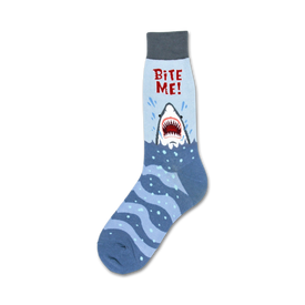 gray crew-length socks for men feature a shark biting the wearer's leg.  