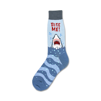 gray crew-length socks for men feature a shark biting the wearer's leg.  