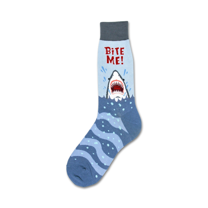 gray crew-length socks for men feature a shark biting the wearer's leg.   }}