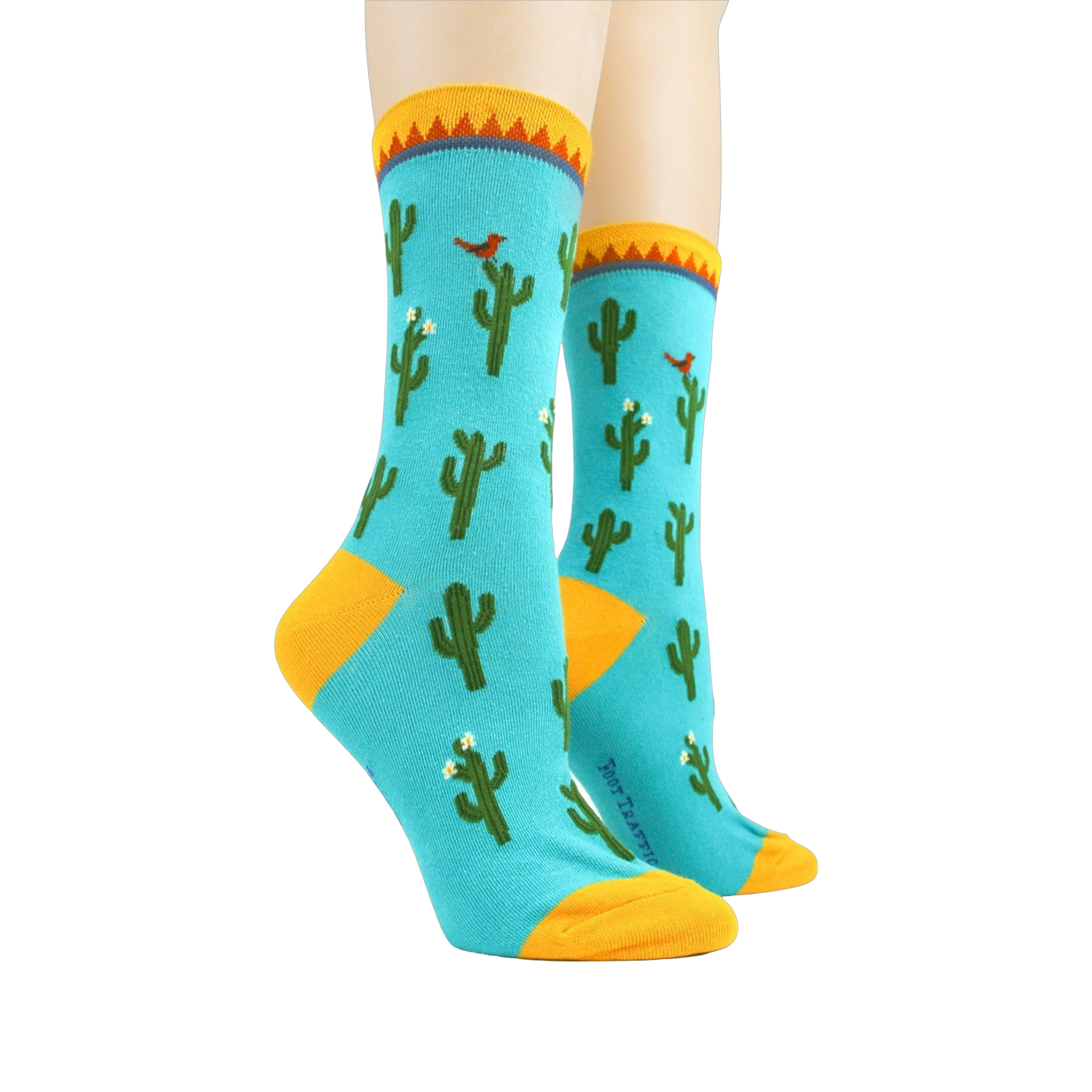 Pair of Cactus socks on mannequin legs showing the full design.