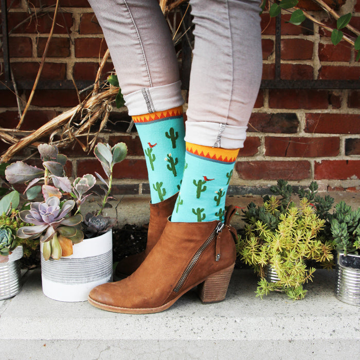 A person is standing in front of a brick wall. They are wearing brown leather boots, light blue jeans, and socks with a pattern of cacti and red birds on a blue background. There are several potted plants on the ground next to the person.
