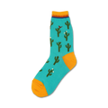 Teal crew socks with a repeating pattern of green cacti, small white flowers, and a red cardinal. Yellow cuff and top.