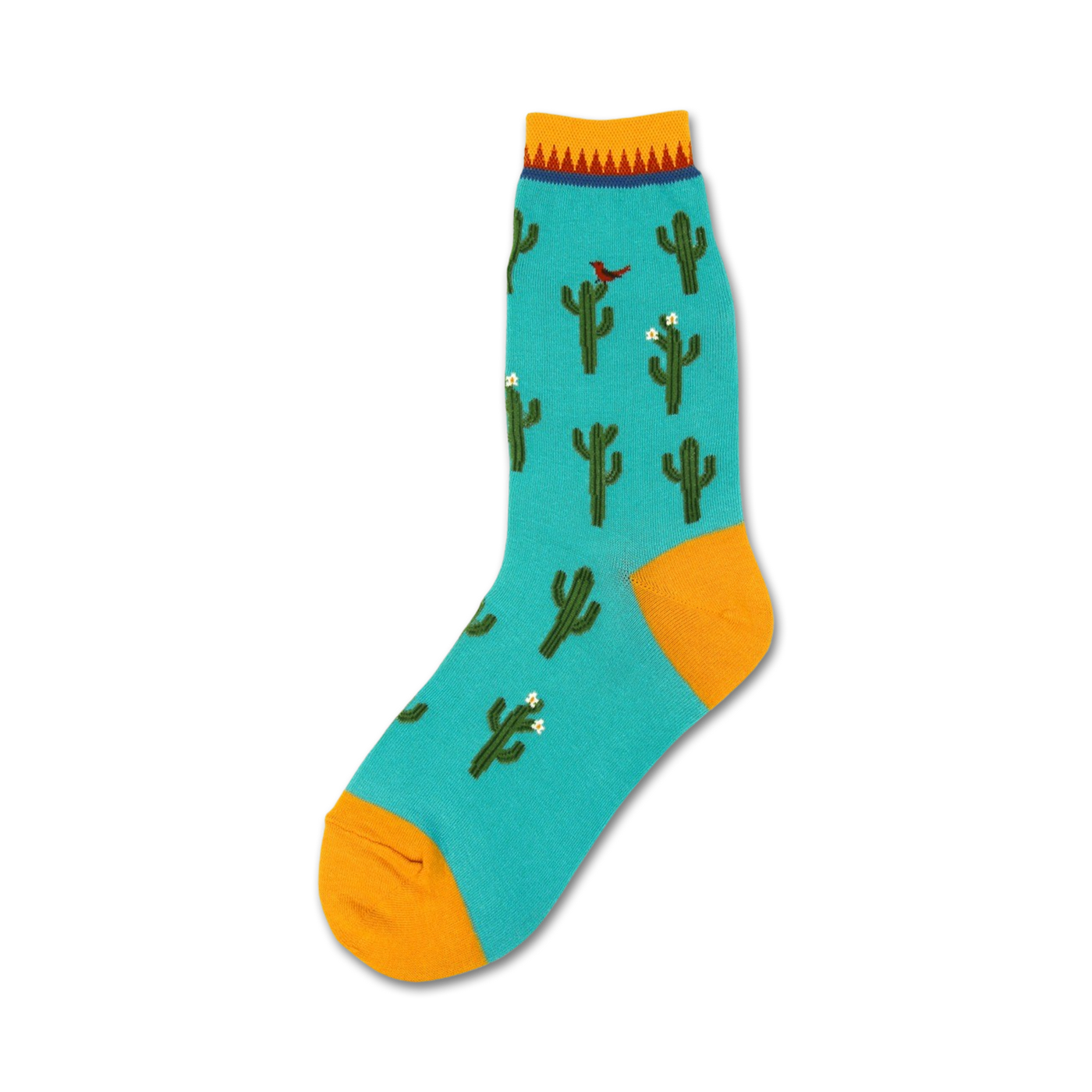 Teal crew socks with a repeating pattern of green cacti, small white flowers, and a red cardinal. Yellow cuff and top.