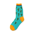 Teal crew socks with a repeating pattern of green cacti, small white flowers, and a red cardinal. Yellow cuff and top.