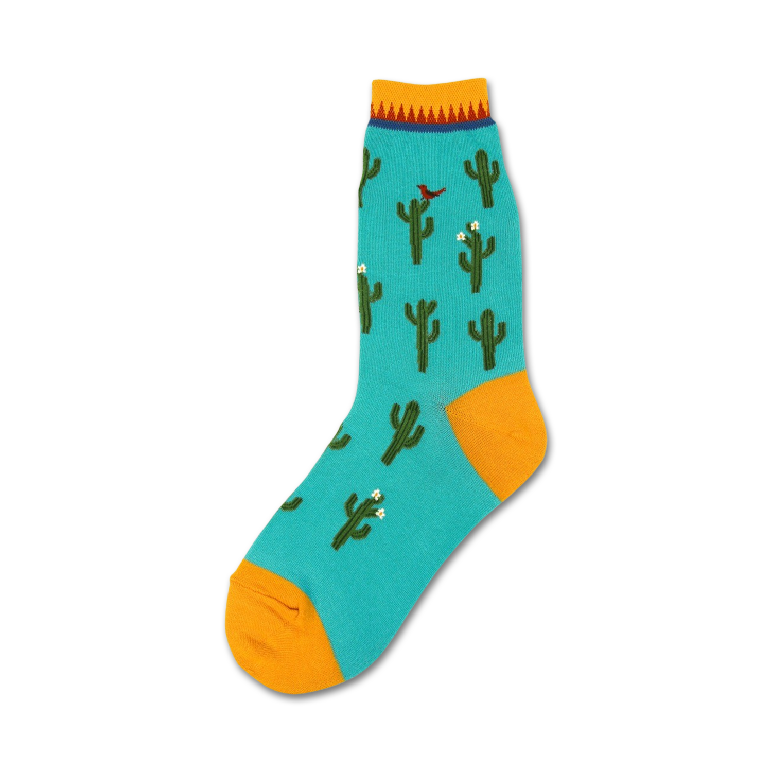 Teal crew socks with a repeating pattern of green cacti, small white flowers, and a red cardinal. Yellow cuff and top.