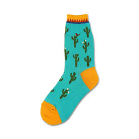blue women's crew socks feature a pattern of green cacti with white flowers and a red bird perched on one cactus. /n 