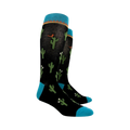 Pair of black crew socks with cactus print, teal blue cuffs, shown from the side.
