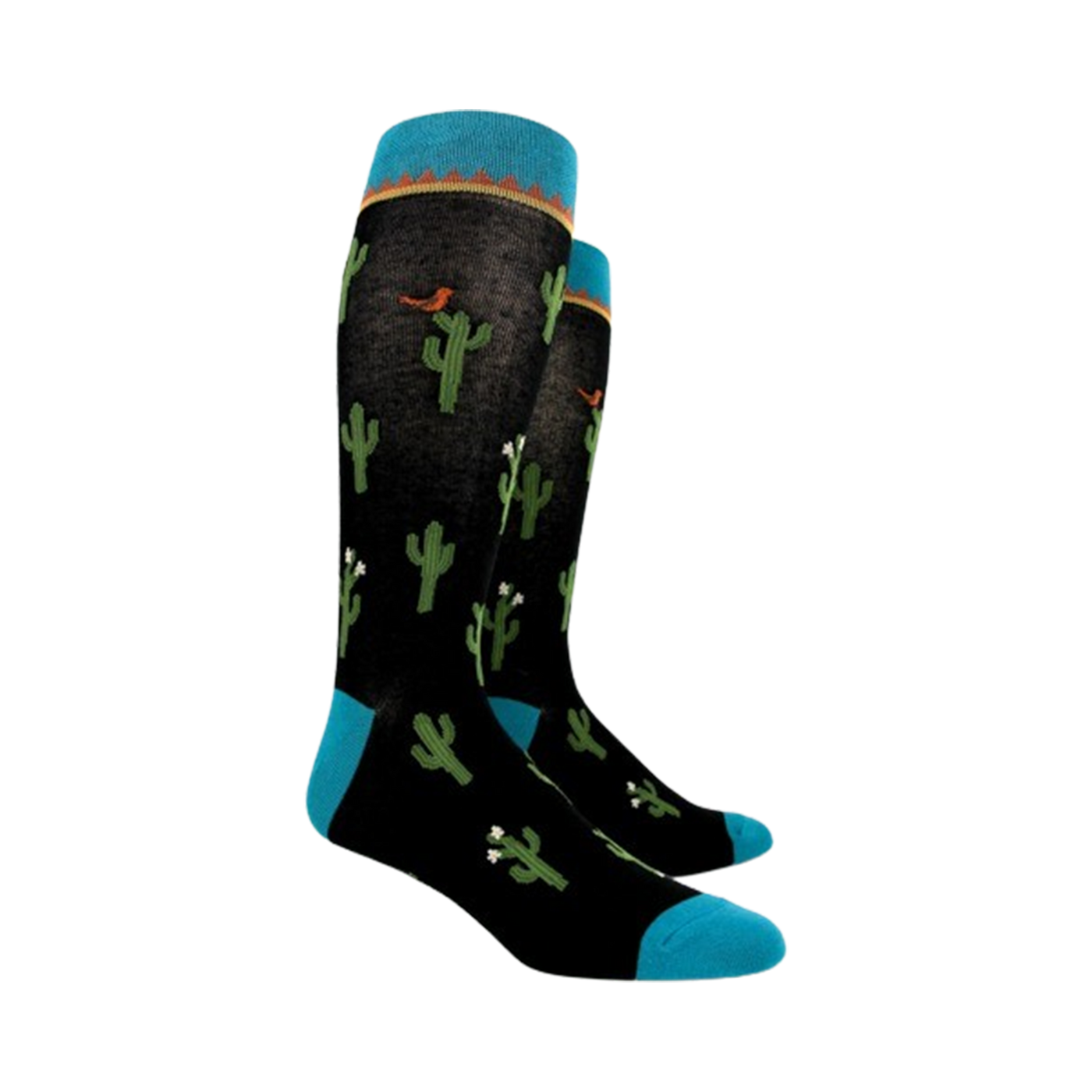 Pair of black crew socks with cactus print, teal blue cuffs, shown from the side.