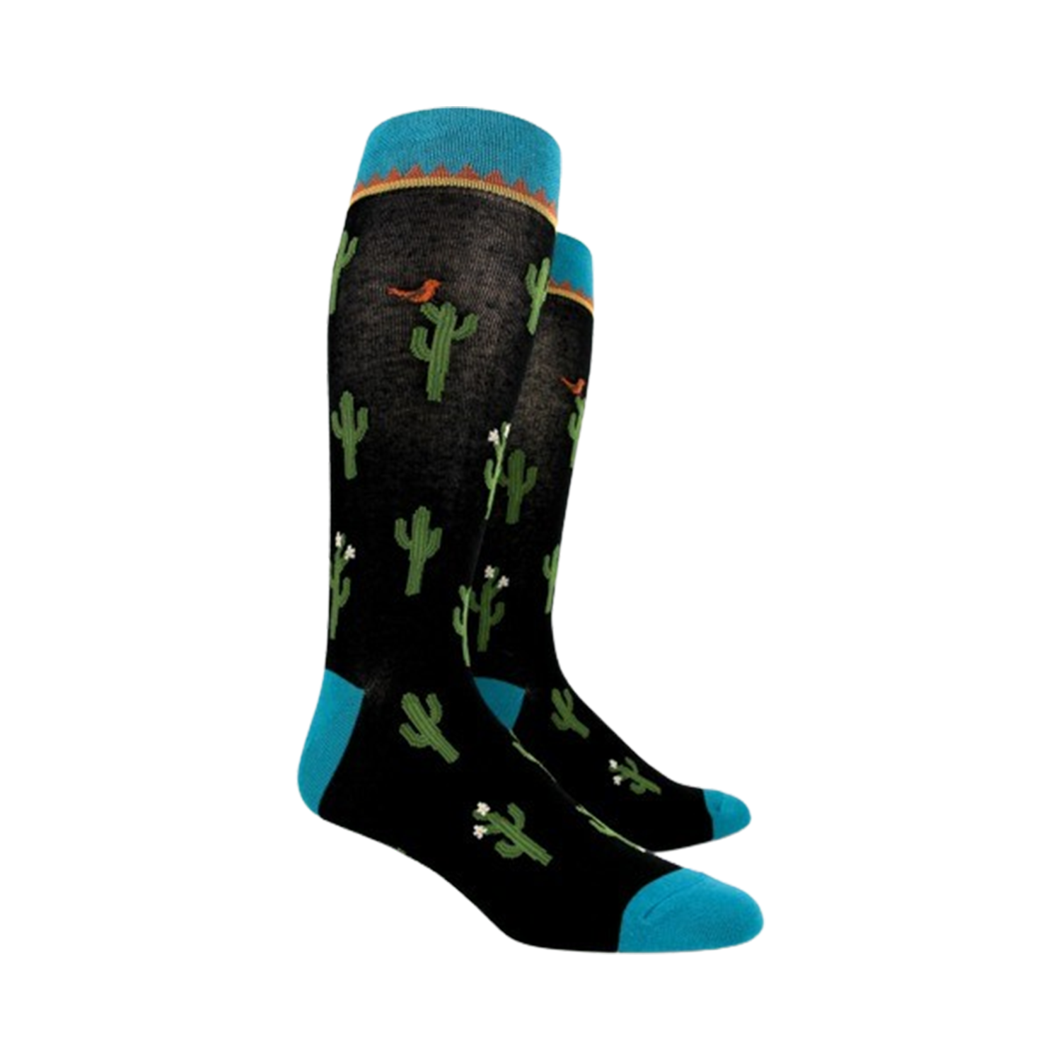 Pair of black crew socks with cactus print, teal blue cuffs, shown from the side.