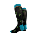 Another view of the black cactus socks from the side, showing the full length.