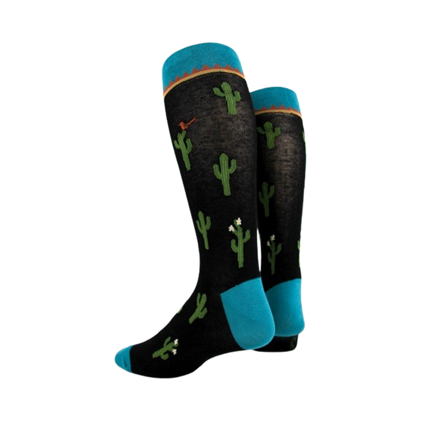 Another view of the black cactus socks from the side, showing the full length.