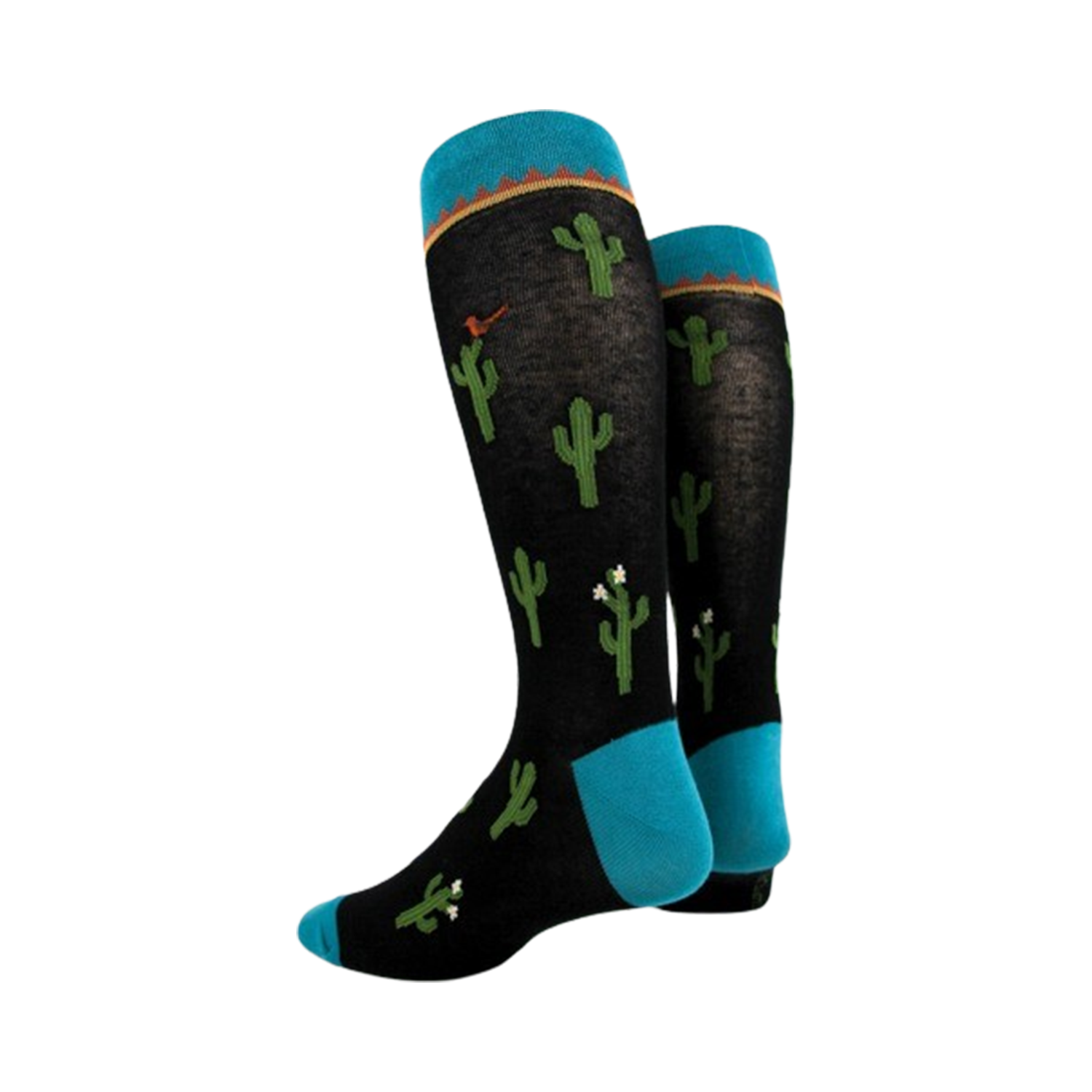Another view of the black cactus socks from the side, showing the full length.