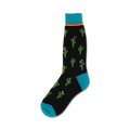 Black crew socks with a fun cactus and bird design. Teal blue cuffs and top band add a pop of color.