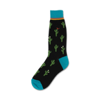 Black crew socks with a fun cactus and bird design. Teal blue cuffs and top band add a pop of color.