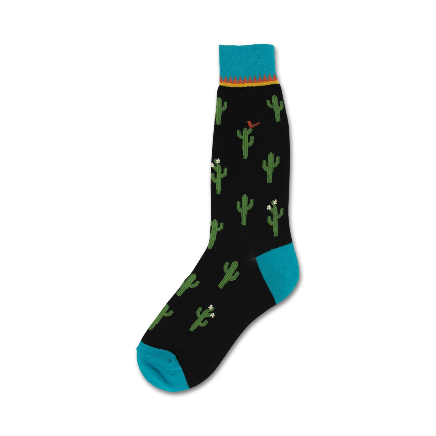 Black crew socks with a fun cactus and bird design. Teal blue cuffs and top band add a pop of color.