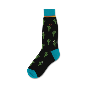 black crew socks feature emerald green cacti with white flowers and tiny red birds on a pastel blue background.   