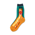 Crew socks showcasing a beer bottle design.  The socks are mainly orange and teal, with brown details and a 'Mmm Beer' label.