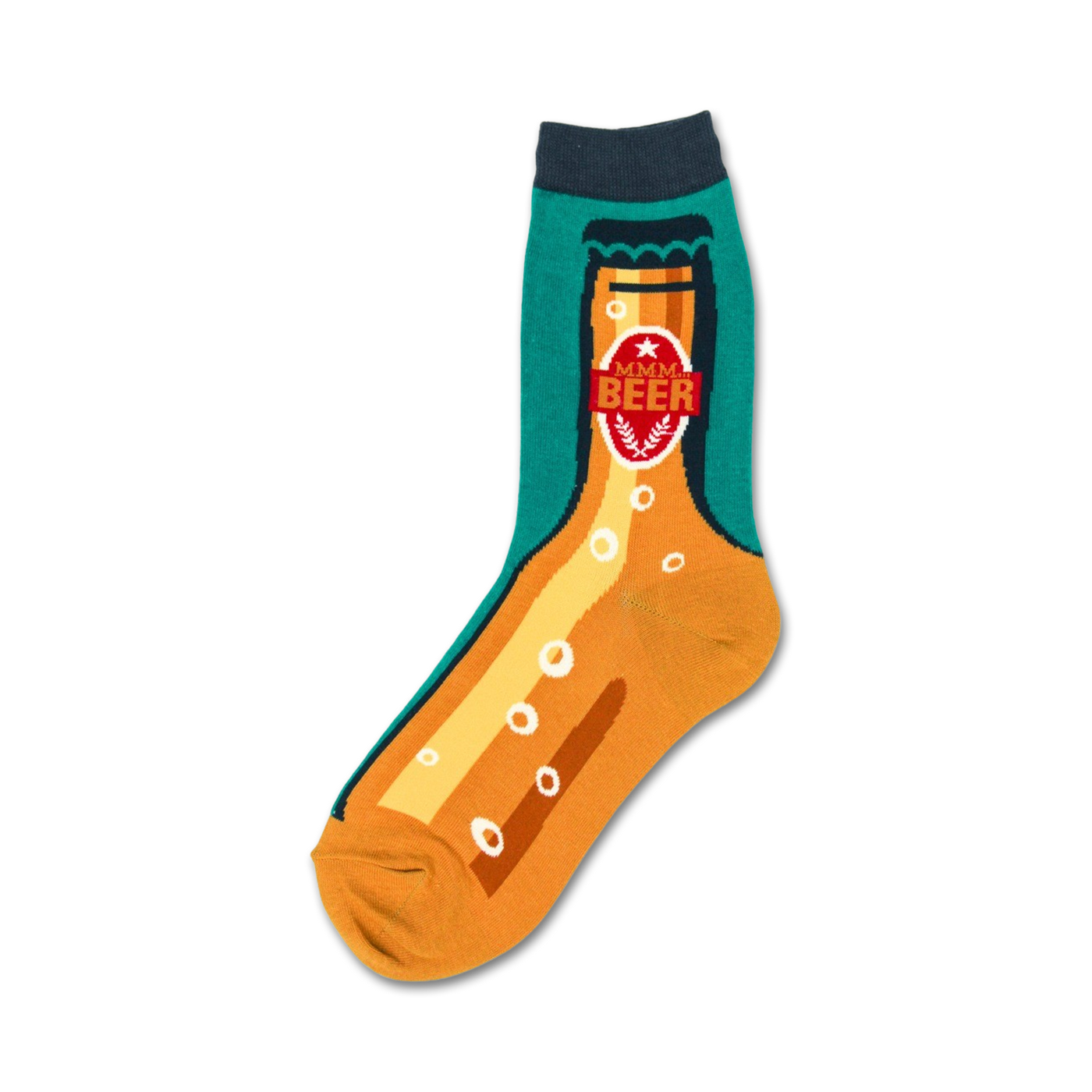 Crew socks showcasing a beer bottle design.  The socks are mainly orange and teal, with brown details and a 'Mmm Beer' label.