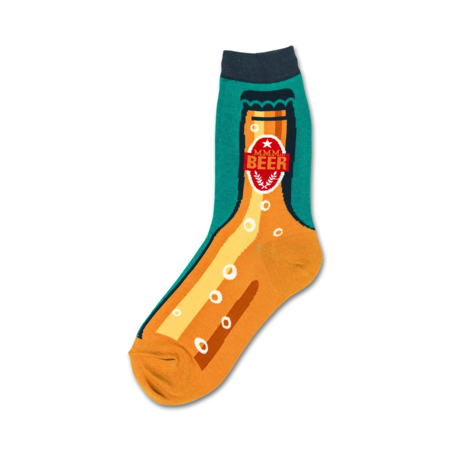 Crew socks showcasing a beer bottle design.  The socks are mainly orange and teal, with brown details and a 'Mmm Beer' label.