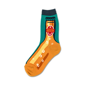 crew socks with a pattern of beer bottles and text on a green and yellow background. dark green cuff and brown toe and heel. for women.  