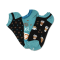 Three low-cut socks: teal with coffee beans, black with coffee cups, and black with 'Latte Please'.