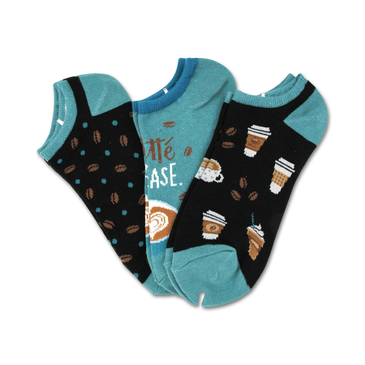 Three low-cut socks: teal with coffee beans, black with coffee cups, and black with 'Latte Please'.