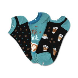 3-pack of novelty black, blue and teal ankle socks with coffee beans, coffee cups and the words "latte" and "case" for women.  