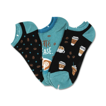3-pack of novelty black, blue and teal ankle socks with coffee beans, coffee cups and the words "latte" and "case" for women.  
