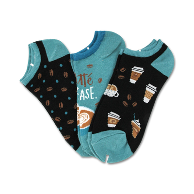 3-pack of novelty black, blue and teal ankle socks with coffee beans, coffee cups and the words "latte" and "case" for women.  