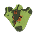 Three pairs of low-cut socks. One pair is green with brown owls wearing glasses. Another pair is green with brown polka dots. The third is green with a branch and owls.