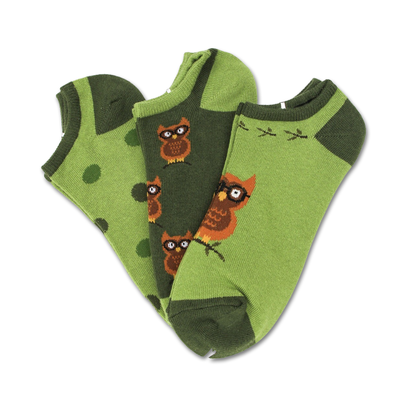 Three pairs of low-cut socks. One pair is green with brown owls wearing glasses. Another pair is green with brown polka dots. The third is green with a branch and owls.