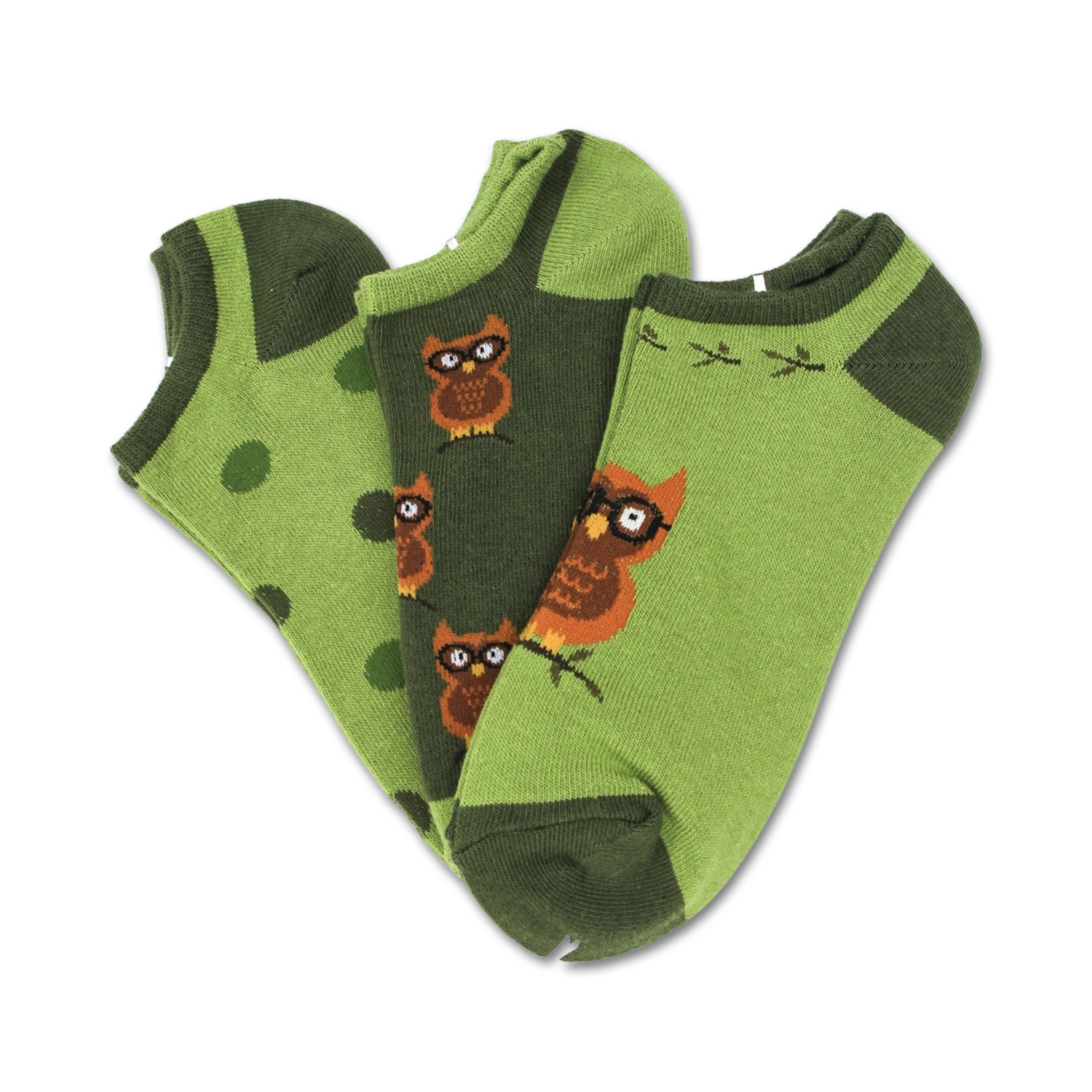 Three pairs of low-cut socks. One pair is green with brown owls wearing glasses. Another pair is green with brown polka dots. The third is green with a branch and owls.