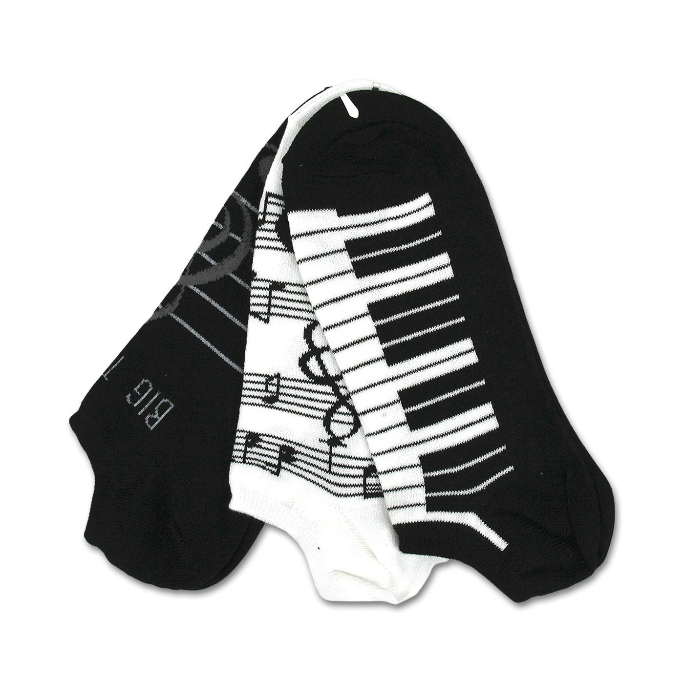Three ankle socks: one black with musical notes, one white with piano keys, and one black with piano keys. All feature black and white designs.