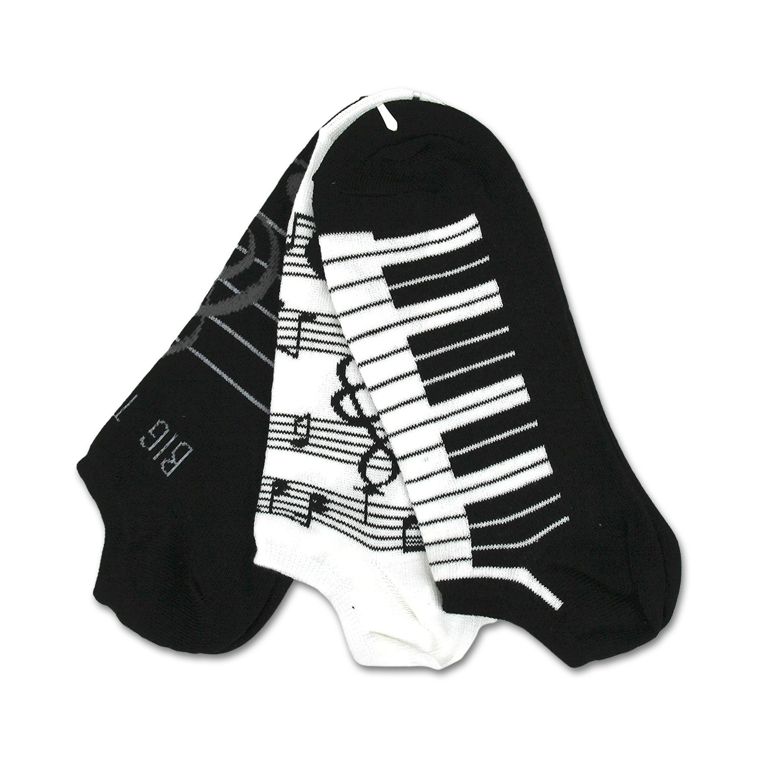 Three ankle socks: one black with musical notes, one white with piano keys, and one black with piano keys. All feature black and white designs.