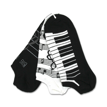 black, white, and gray no-show socks for men feature a pattern of musical notes and piano keys.  
