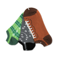 Three ankle socks: one green with a football field design, one gray with Xs and Os, and one brown with a football design.