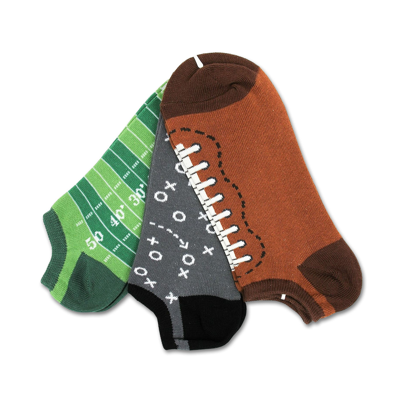 Three ankle socks: one green with a football field design, one gray with Xs and Os, and one brown with a football design.