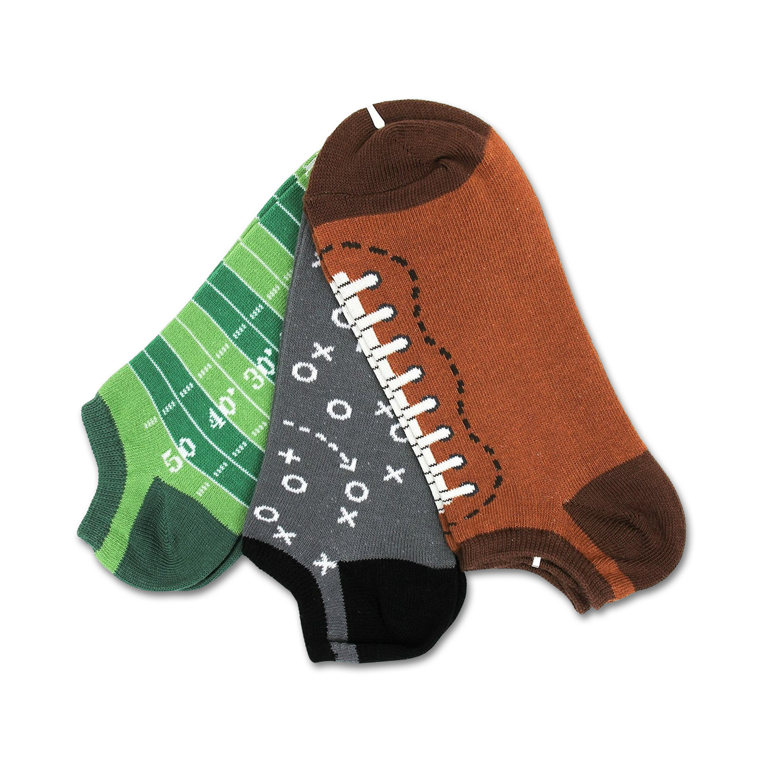 Three ankle socks: one green with a football field design, one gray with Xs and Os, and one brown with a football design.