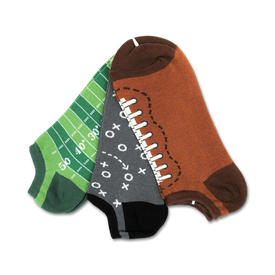 football 3 pack of men's no-show athletic socks with field, gridiron and pigskin motifs.   