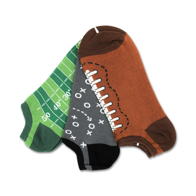 football 3 pack of men's no-show athletic socks with field, gridiron and pigskin motifs.   