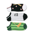Three pairs of ankle socks with baseball themes: bats and balls, a baseball uniform, and a baseball field.