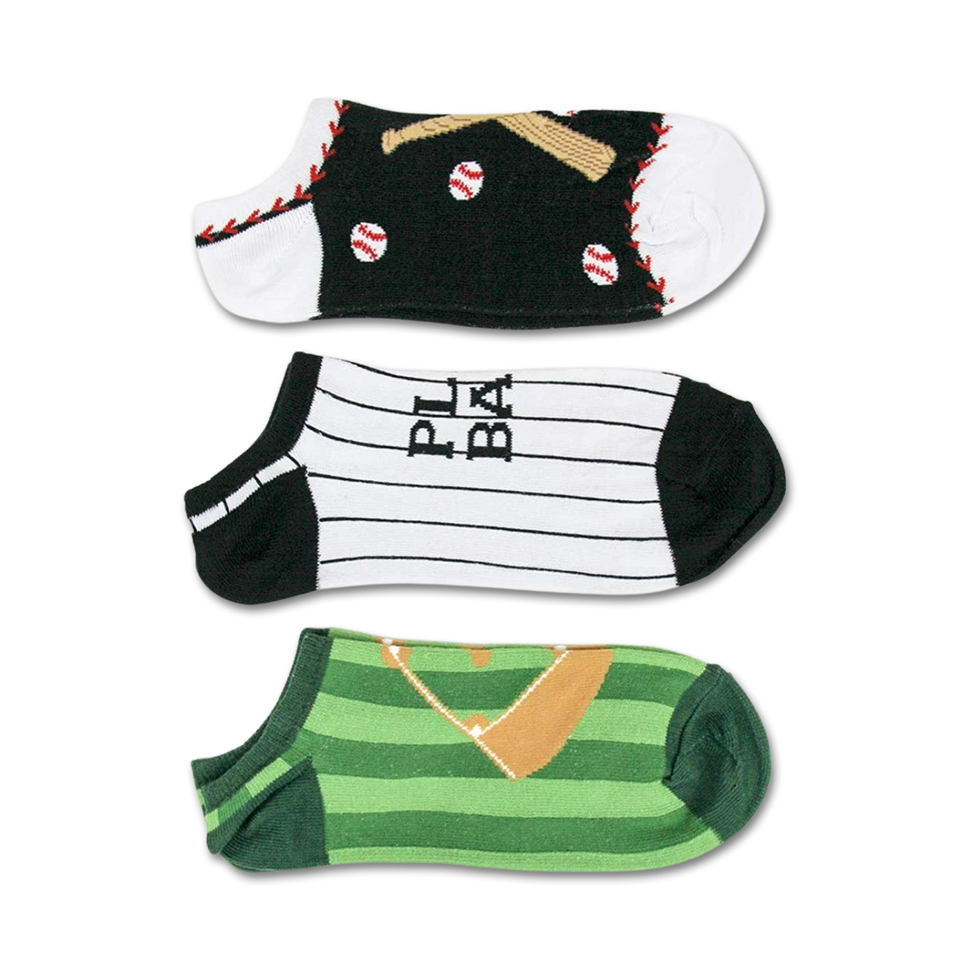 Three pairs of ankle socks with baseball themes: bats and balls, a baseball uniform, and a baseball field.