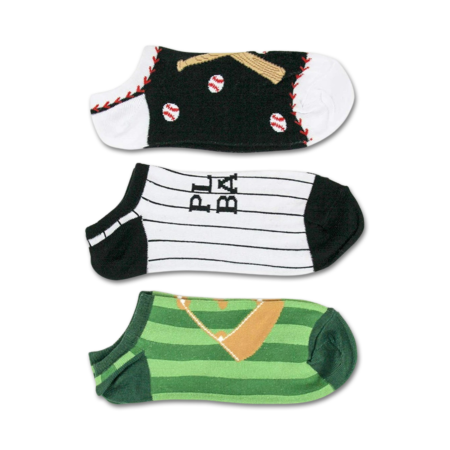 Three pairs of ankle socks with baseball themes: bats and balls, a baseball uniform, and a baseball field.