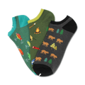Three no-show socks: teal with fishing lures, olive green with camping icons, and gray with bears and trees.