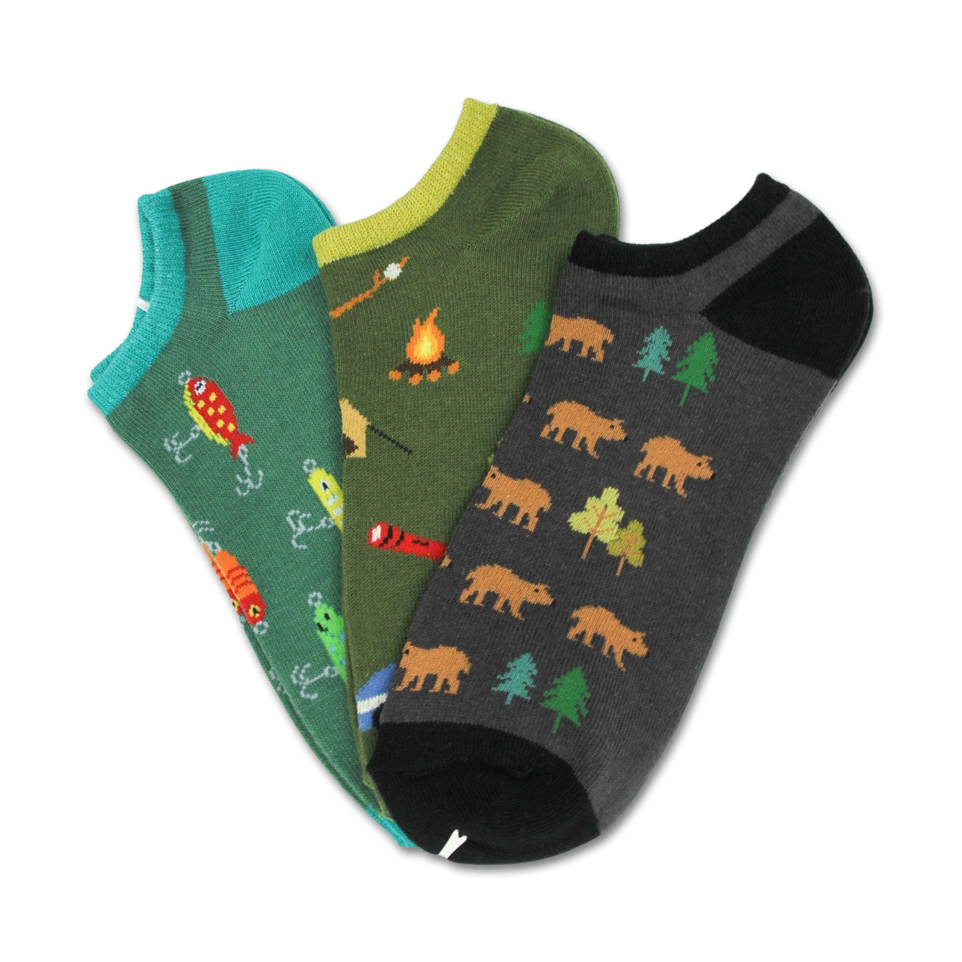 Three no-show socks: teal with fishing lures, olive green with camping icons, and gray with bears and trees.