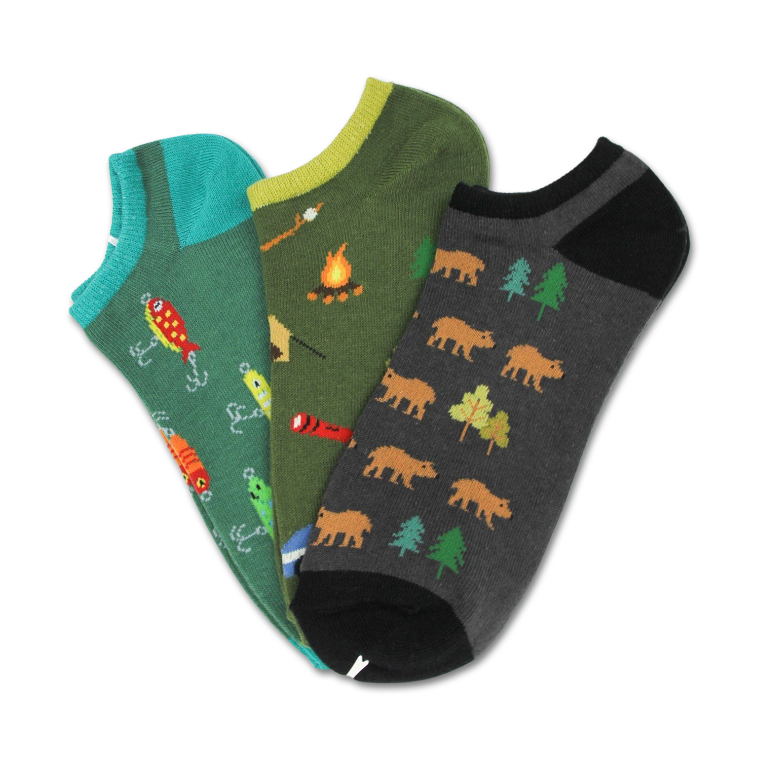 Three no-show socks: teal with fishing lures, olive green with camping icons, and gray with bears and trees.