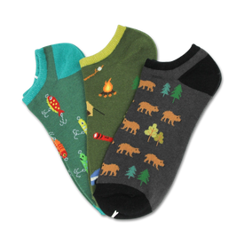 ankle socks, men's with outdoor patterns (fish, worm, bear, tree, camo).  